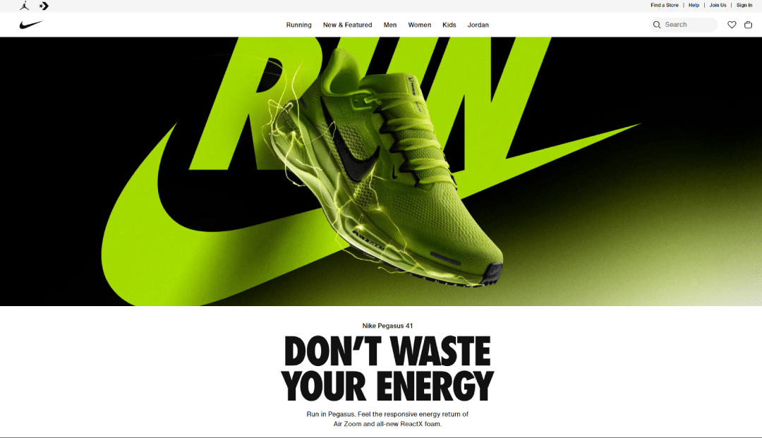 Nike website with interactive video background showcasing brand identity