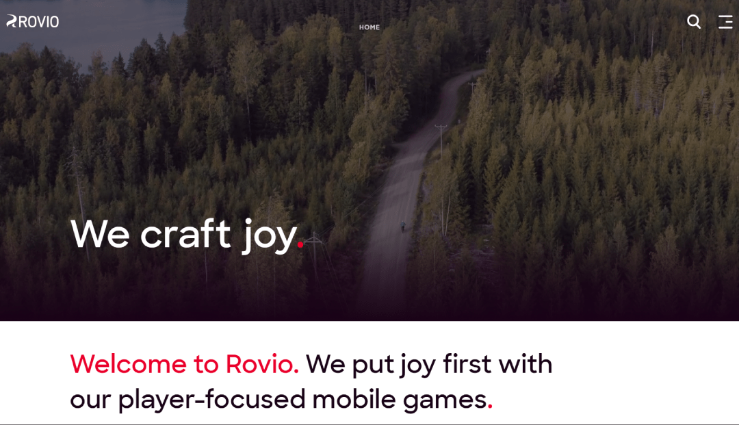 Rovio website with interactive elements and video background